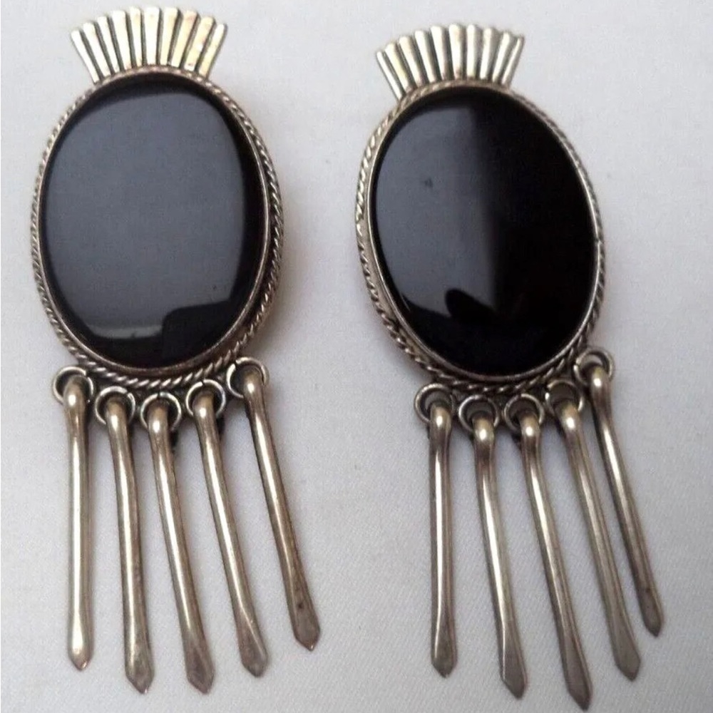 Vintage Navajo Signed Onyx Sterling Silver Chandelier Earrings